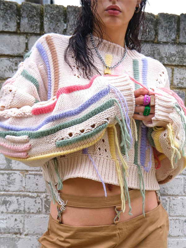 Casual Loose Short Pullover Retro Hollow Elegant Fashion Knitted Tassel Sweater