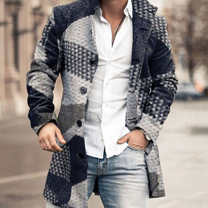 Men's Fashion Graphic Printed Casual Lapel Button Down Wool Coat