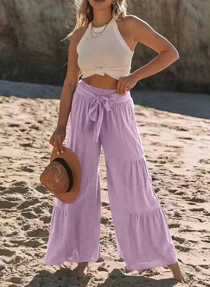 Women's Bottoms Casual Solid Color Fashion Lace High Waist Loose Wide Leg Pants