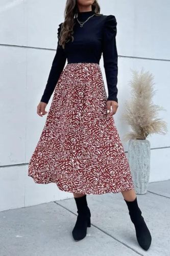 Women's Fashion Long Sleeve Panel Casual Midi Dress
