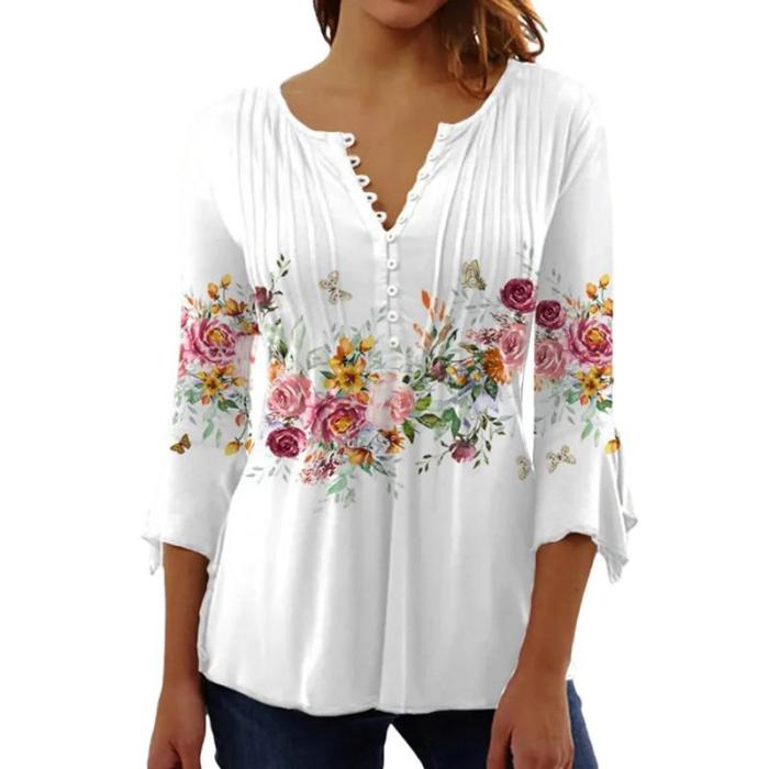Trendy Floral Print Trendy V Neck 3/4 Sleeve Elegant Casual Chic Blouses & Shirts