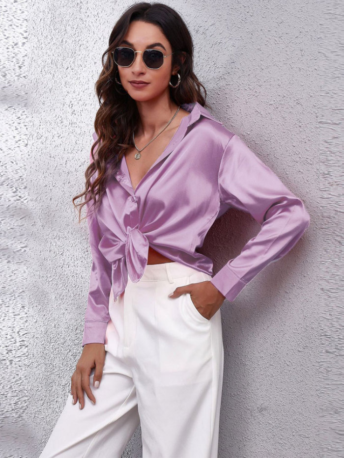 Women's Fashion Satin Loose Button Up Long Sleeve  Blouses & Shirts