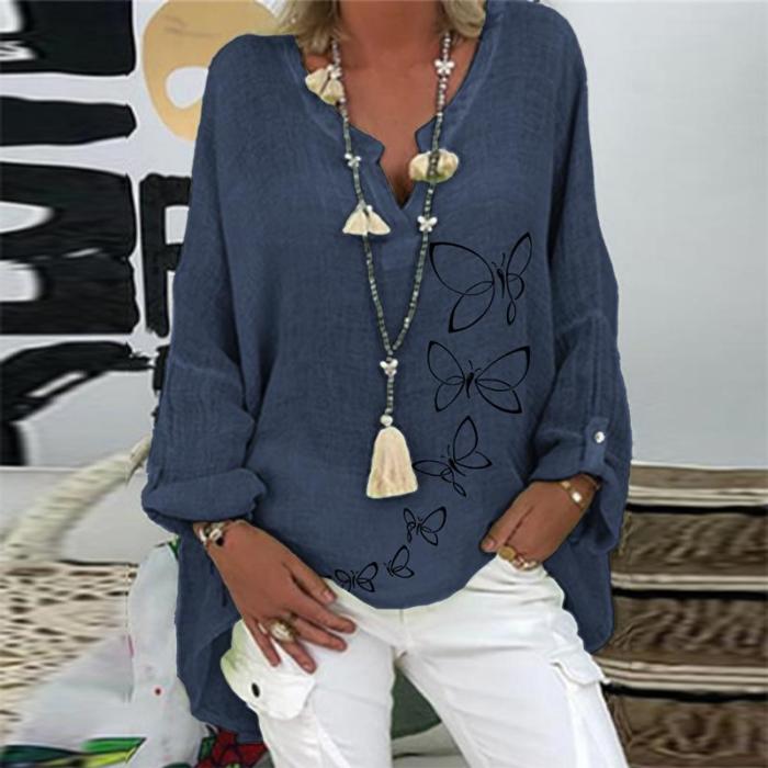 Casual V Neck Linen Cotton Elegant Print Long Sleeve Loose Blouses & Shirts