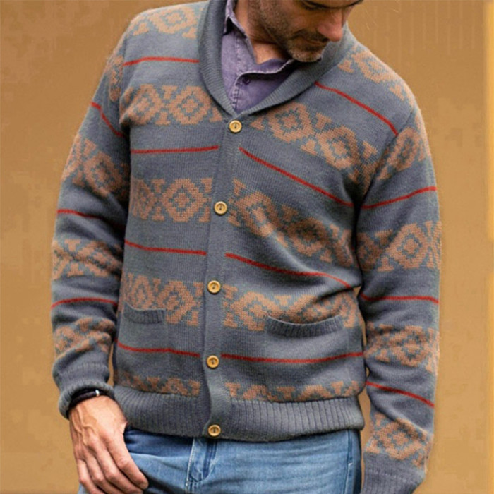 Casual Men's Retro Jacquard Embroidery Fashion Lapel Loose Sweater Cardigan Coat