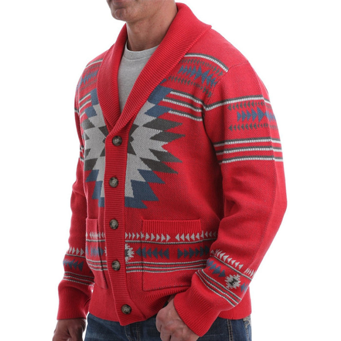 Men's Vintage Pattern Jacquard Casual Loose Button Lapel Sweater Jacket