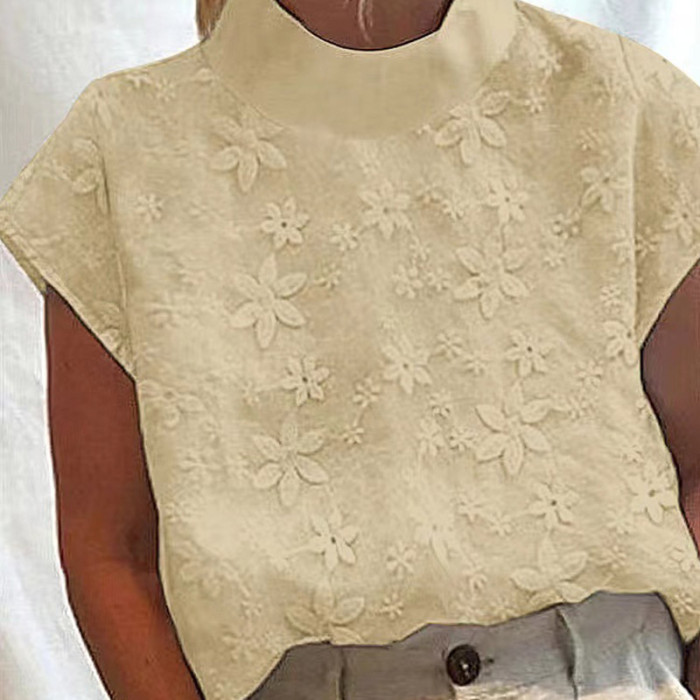 Vintage Embroidered Turtleneck Casual Half Sleeve Fashion Cotton Linen Blouses & Shirts