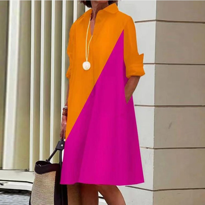 Simple Fashion Turn-down Collar Casual Long Sleeves Pocket Shirt Midi Dress