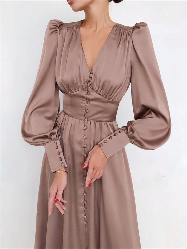 Fashionable Elegant Satin A-Line Party Long Sleeve V Neck Flare Midi Dress