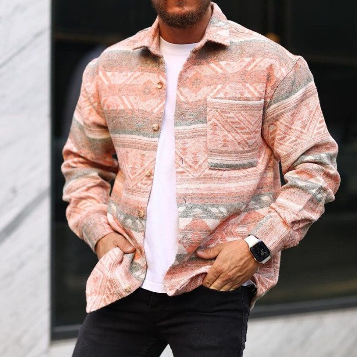 Men's Fashion Plaid Print Lapel Button Down Casual Loose Jacket