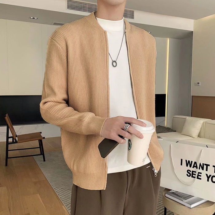 Men's Street Fashion Solid Color Round Neck Casual Knit Cardigan