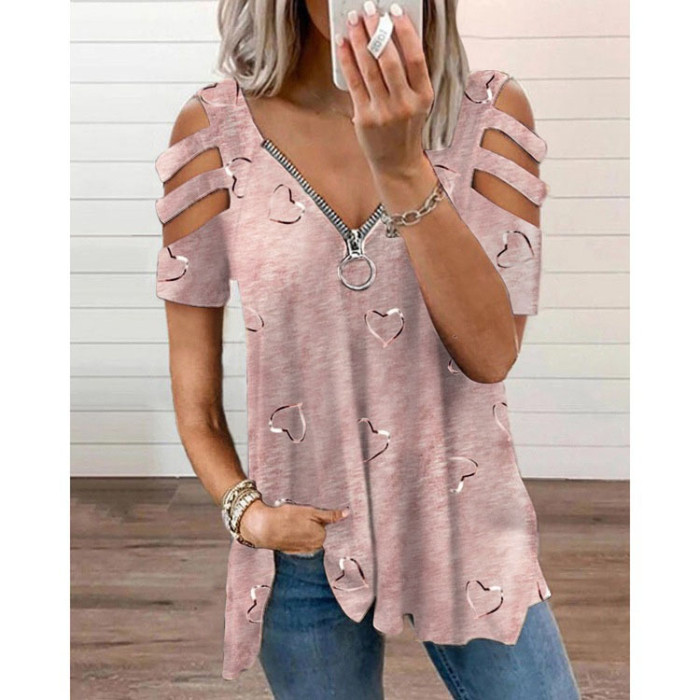 Solid Color Tops Fashion Zipper V Neck 3/4 Sleeves Elegant  Casual  Blouses & Shirts