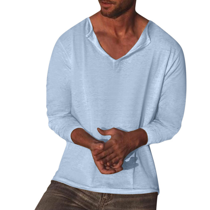 Men's Fashion Retro Long Sleeve Solid Color Casual Loose O-Neck T-Shirt