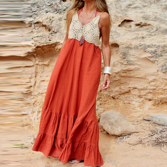 Sexy Halter Neck Boho Sleeveless Top Embroidered Lace  Maxi Dress