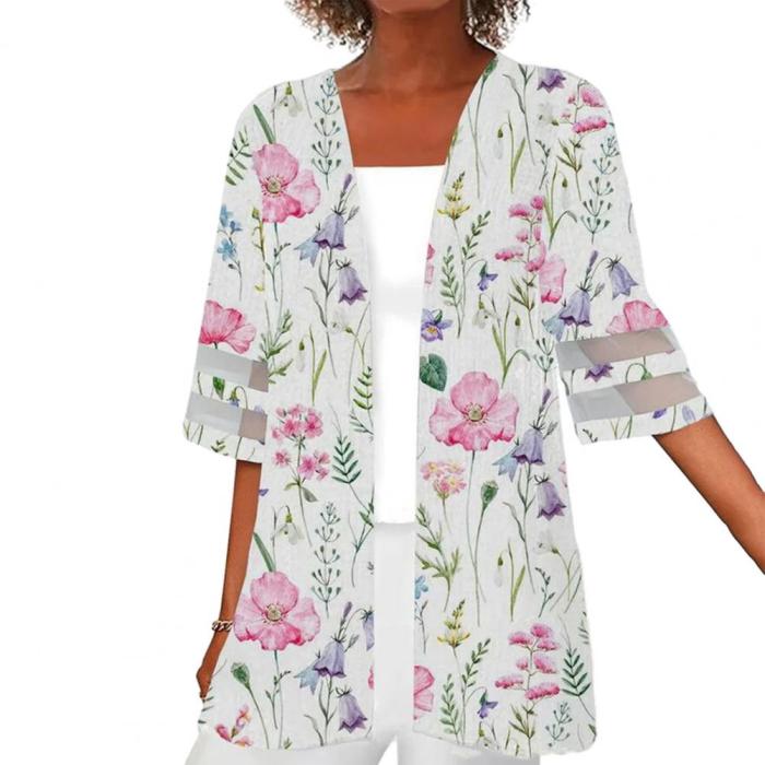 Women's Coat Flower Print Half Sleeve Retro Loose Mesh Stitching Casual Cardigans