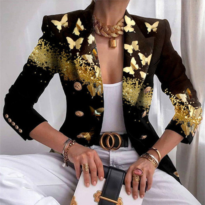 Fashion Print Casual Jacket Long Sleeve Elegant Lapel Blazers