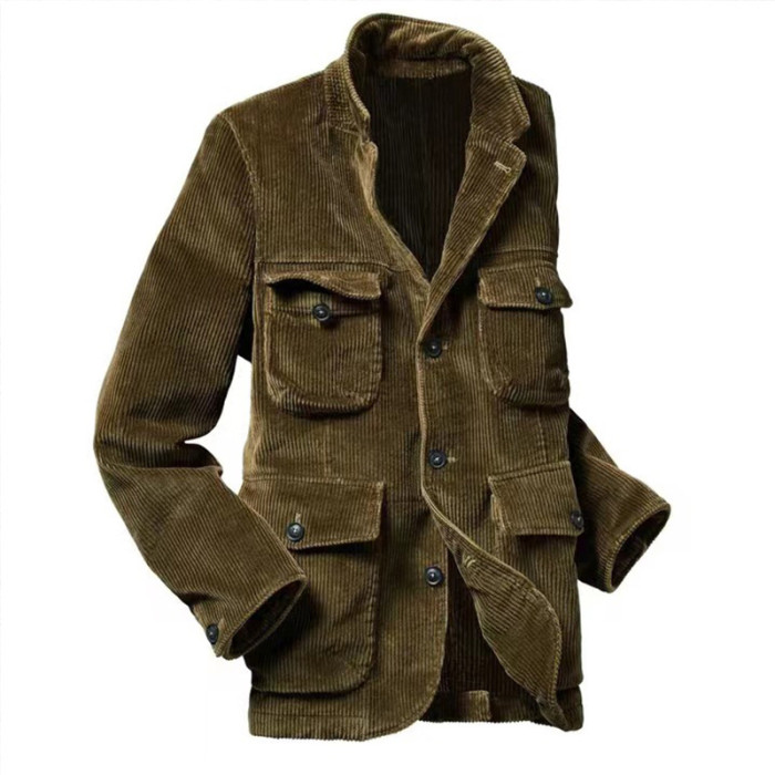 Fashion Solid Color Corduroy Coat Casual Button Retro Lapel Casual Jacket