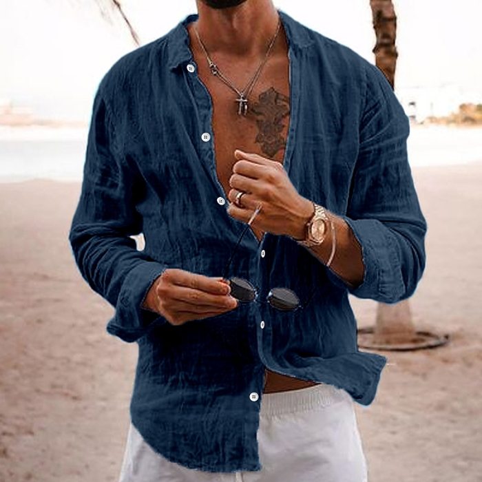 Men's 100% Cotton Linen Long Sleeve Solid Color Lapel Casual Blouse & Shirts