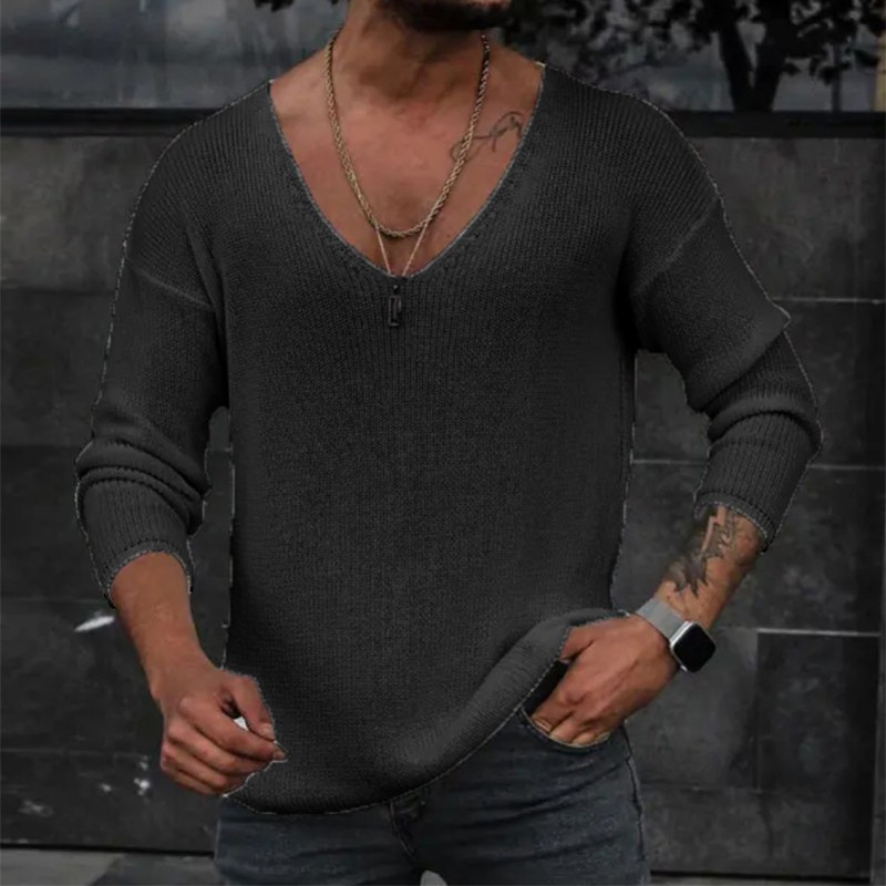 Men's Fashion Solid Color Sweater V Neck Long Sleeves Knitted T-Shirt Top