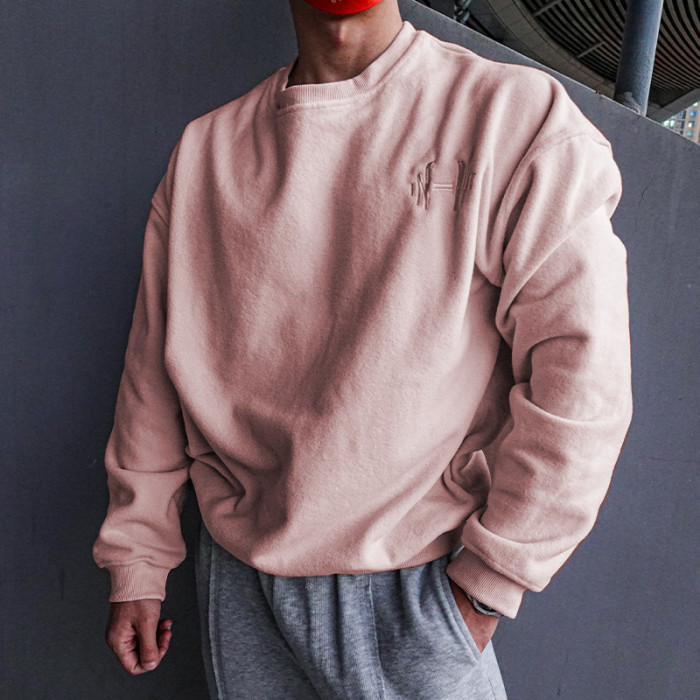 Men's Fleece Fashion Embroidered Solid Color Loose O-Neck Sweatshirt