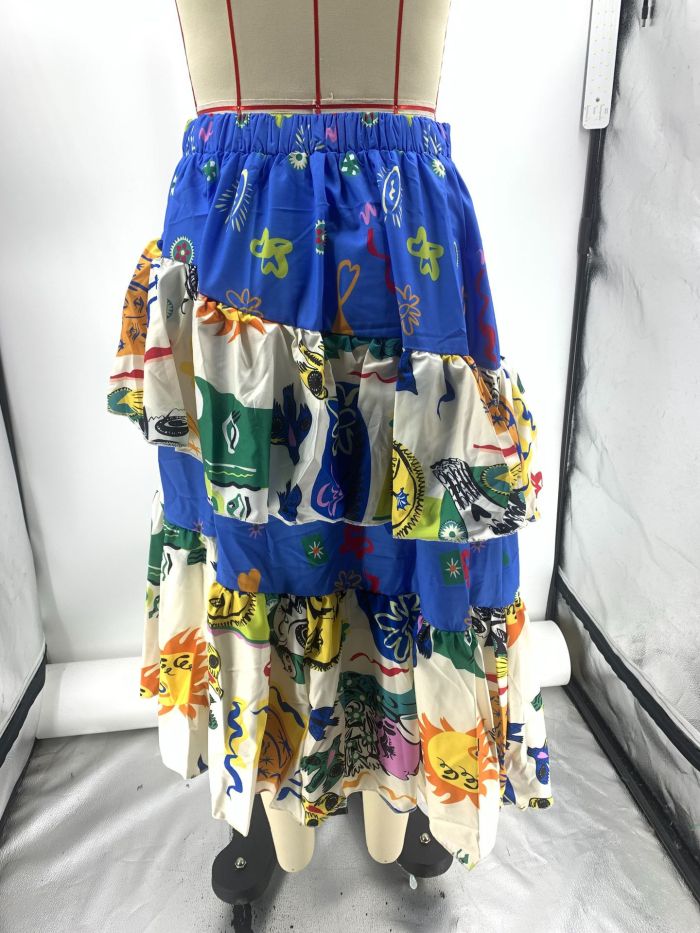Elegant Summer Ruffle Print Beach Vacation Casual Skirt