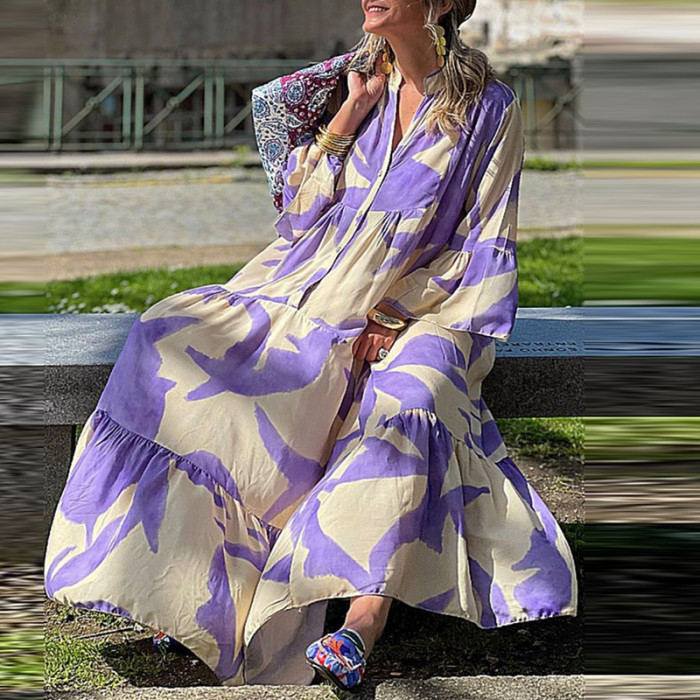 Women's Elegant V Neck Casual Printed Long Sleeve Loose Bohemian Maxi Dress