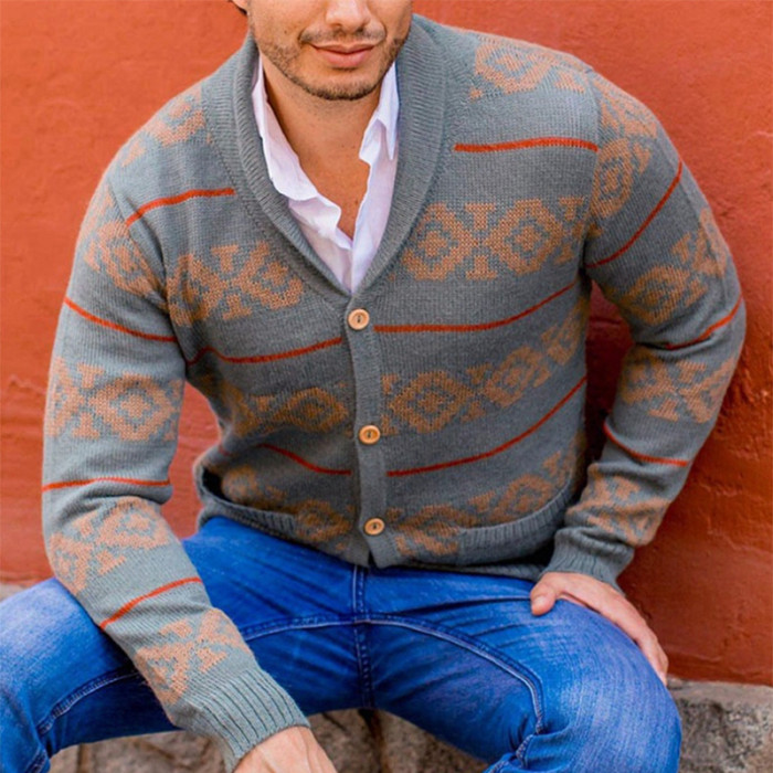 Casual Men's Retro Jacquard Embroidery Fashion Lapel Loose Sweater Cardigan Coat