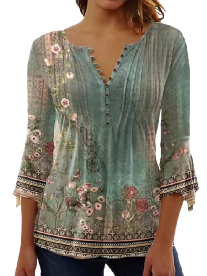 Trendy Floral Print Trendy V Neck 3/4 Sleeve Elegant Casual Chic Blouses & Shirts
