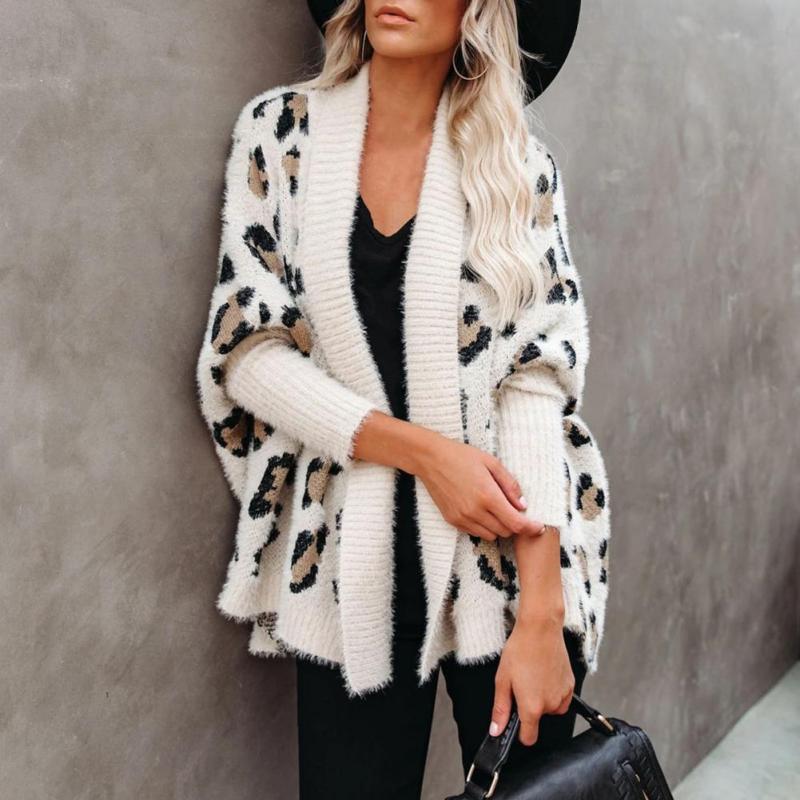 Fashion Thick Casual Leopard Loose Knitted Sweater Cardigan