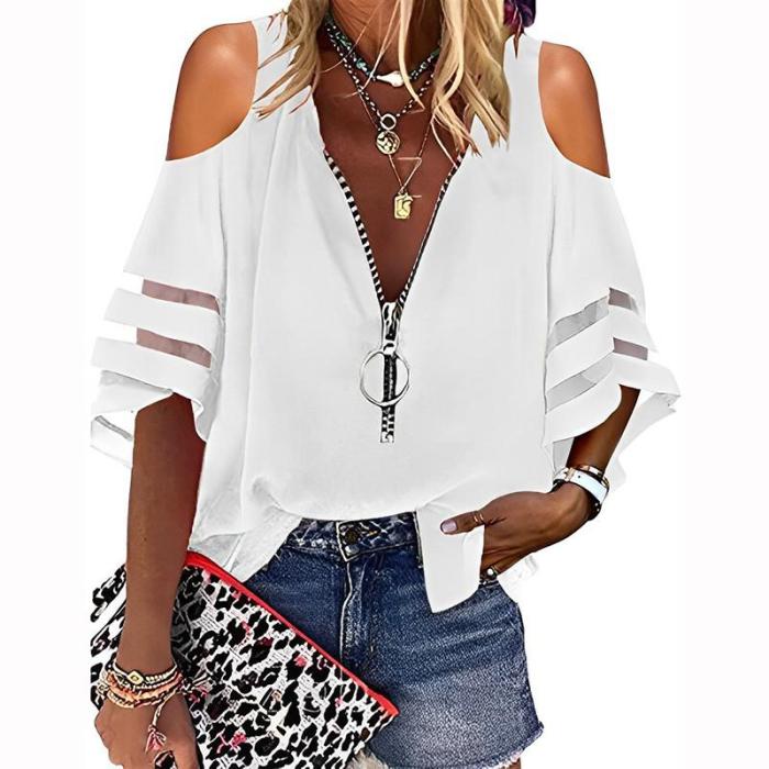 Solid Color Tops Fashion Zipper V Neck 3/4 Sleeves Elegant  Casual  Blouses & Shirts
