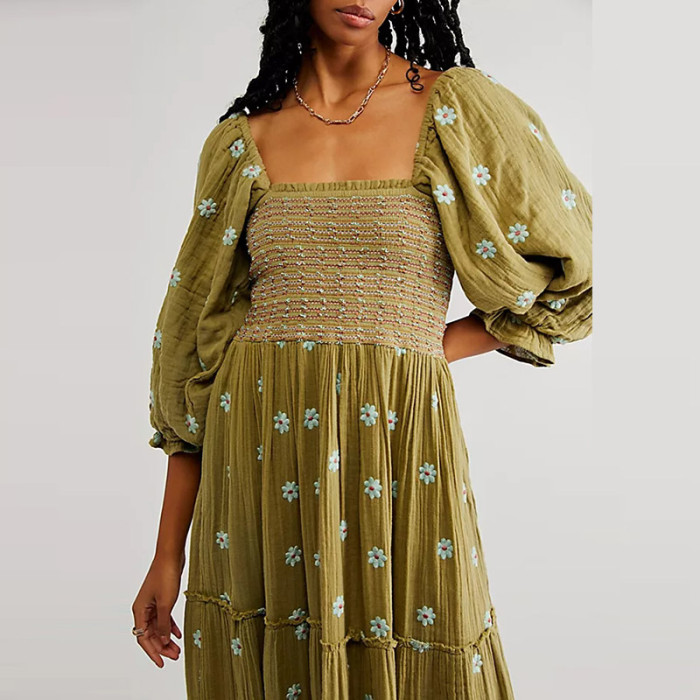 Women's Sexy Square Neck Party Floral Print Backless Boho Maxi Dress