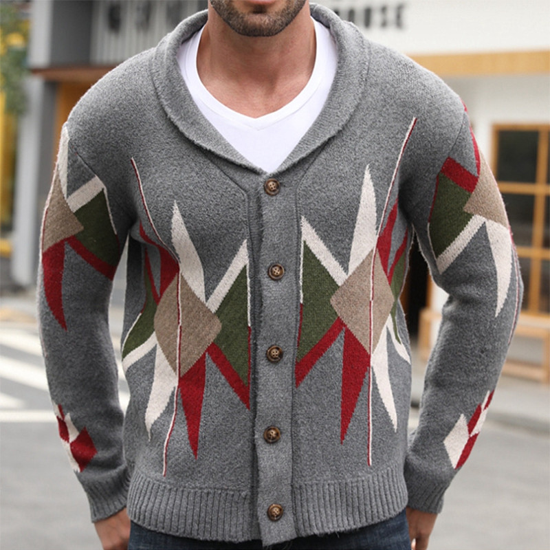 Men's Fashion Patchwork Vintage Button Collar Casual Long Sleeve Loose Cardigan