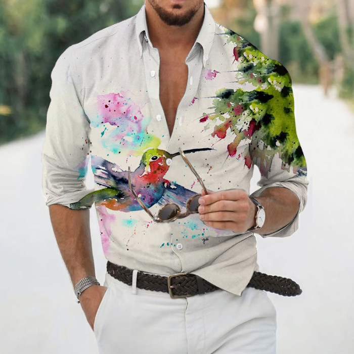 Men Flower Print Long Sleeve Plus Size Shirt