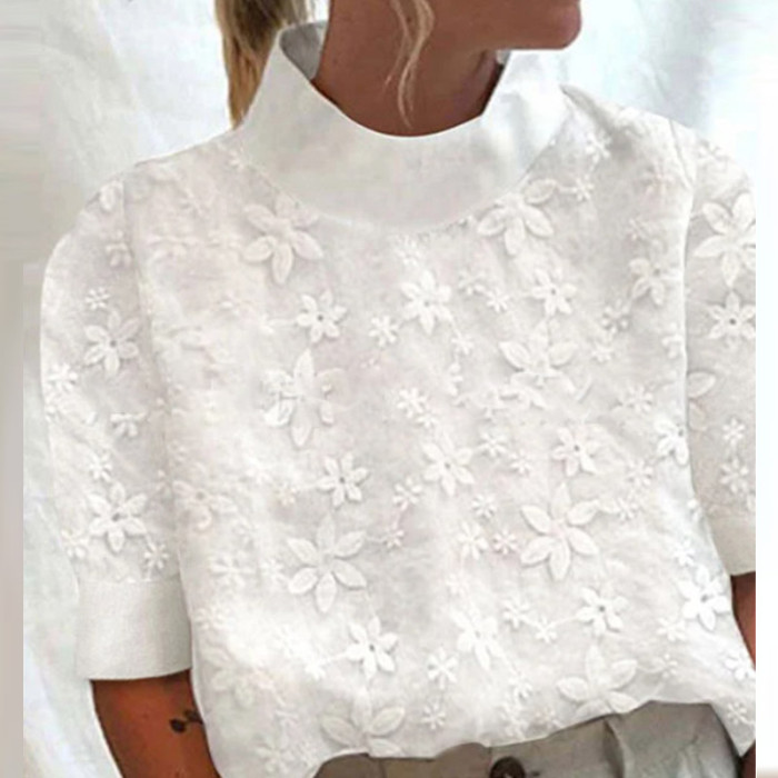 Vintage Embroidered Turtleneck Casual Half Sleeve Fashion Cotton Linen Blouses & Shirts