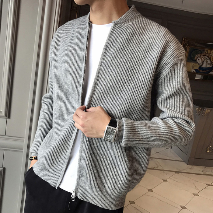 Men's Street Fashion Solid Color Round Neck Casual Knit Cardigan