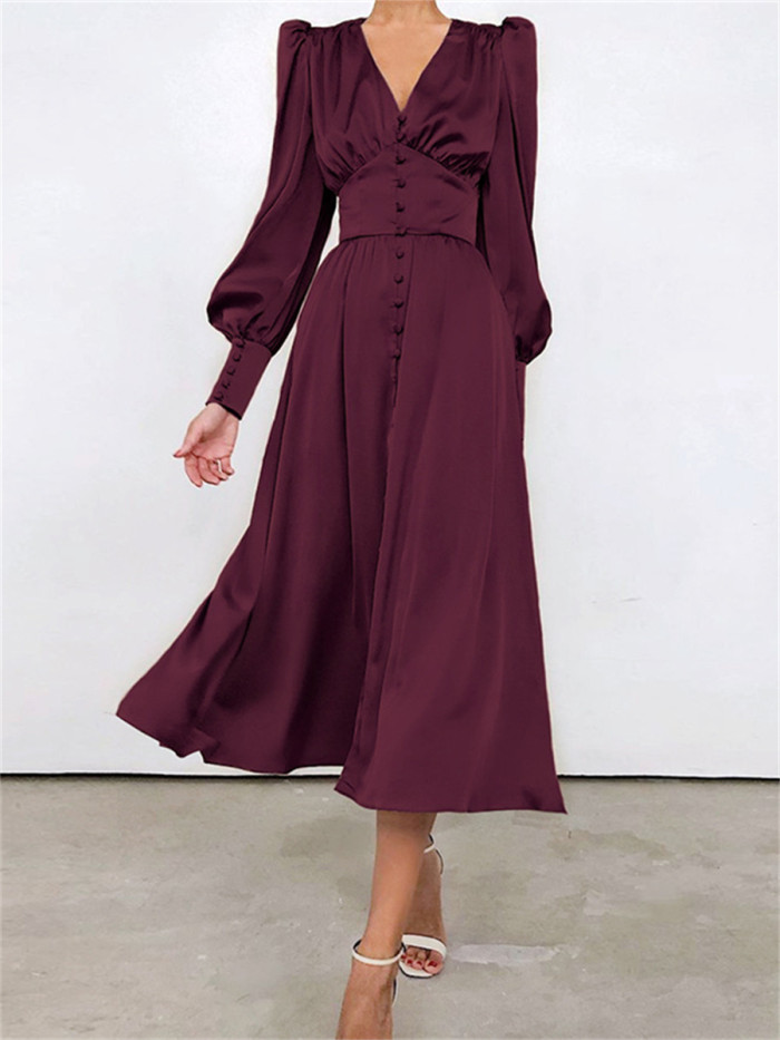 Fashionable Elegant Satin A-Line Party Long Sleeve V Neck Flare Midi Dress