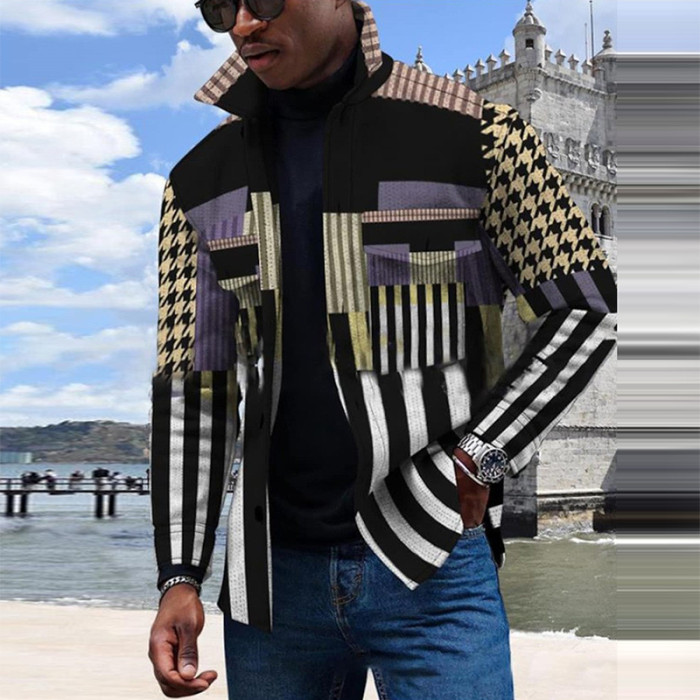 Vintage Geometric Stripe Fashion Loose Lapel Coat Button Down Men's Jacke