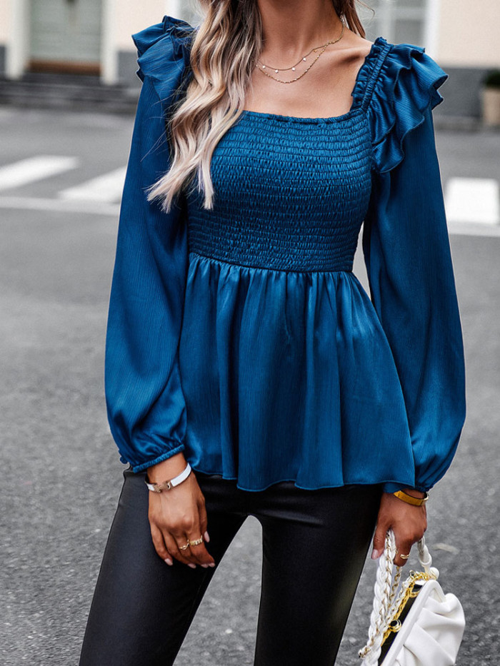 Fashion Ruffle Trim Pleated Elegant Open Back Casual Solid Color Puff Sleeve Blouses & Shirts