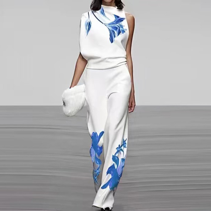 Elegant High Neck Sleeveless Printed Top Pullover + Straight Pants Two Pieces Set