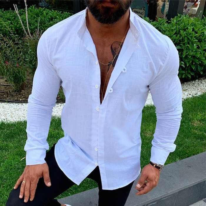 Men's Vintage Solid Color Cotton Linen Loose Long Sleeve Casual T-Shirt