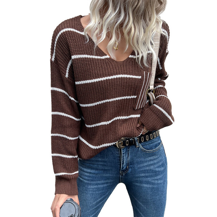 Women's Pullover Casual Fashion V Neck Knitted Striped Sweater
