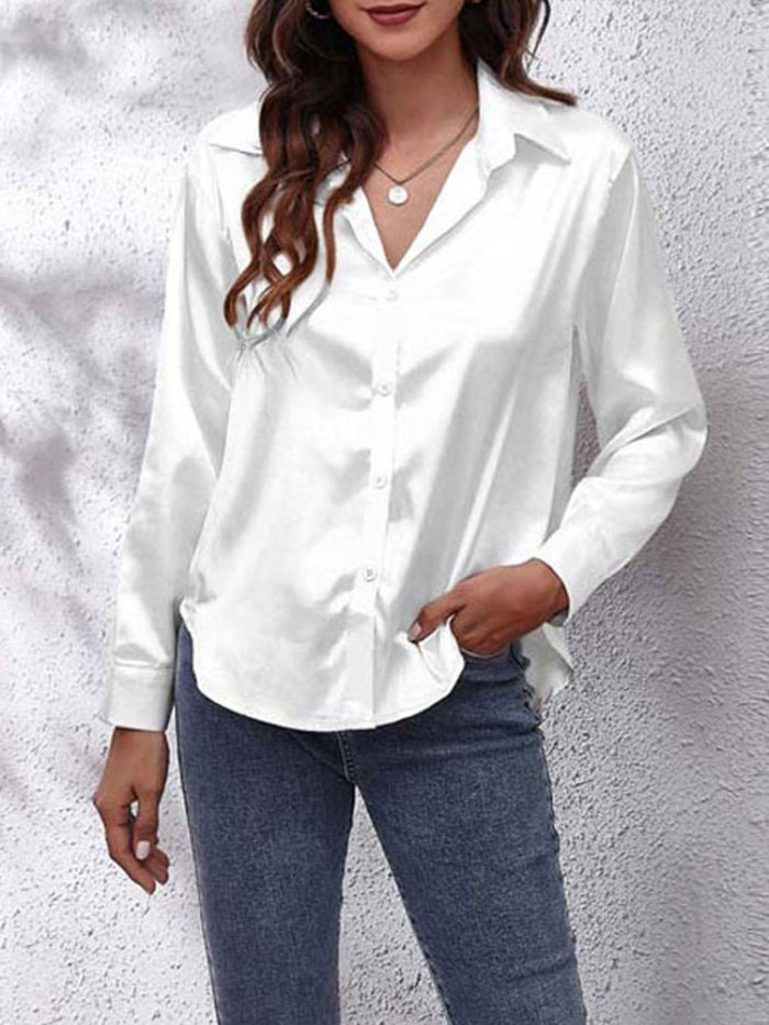 Women's Fashion Satin Loose Button Up Long Sleeve  Blouses & Shirts