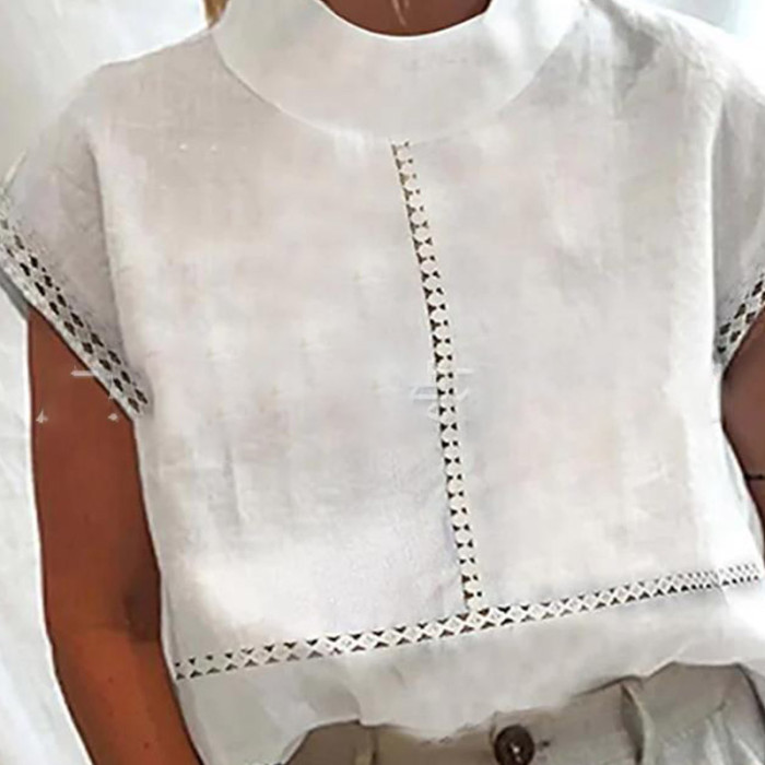 Vintage Embroidered Turtleneck Casual Half Sleeve Fashion Cotton Linen Blouses & Shirts