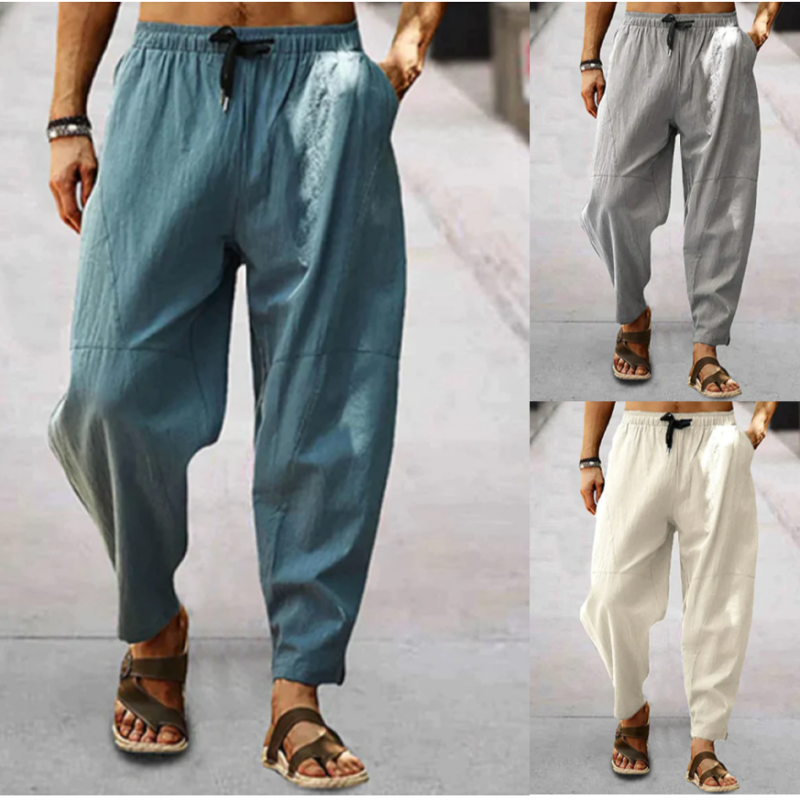 Men's Cotton Linen Male Casual Solid Color Breathable Loose Pants
