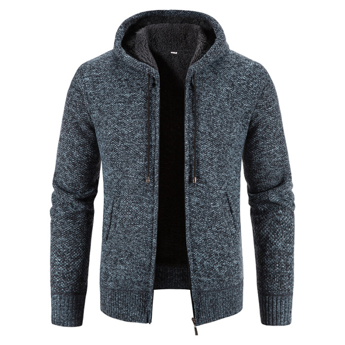 Men's Sweater Zipper Hooded Fashion Warm Slim Knitted Wool Thick Cardigan Jacket