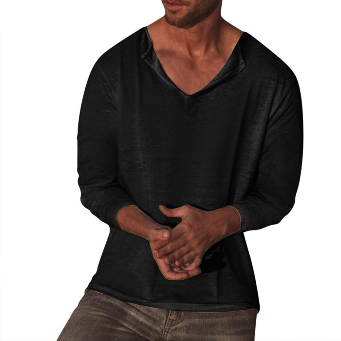 Men's Fashion Retro Long Sleeve Solid Color Casual Loose O-Neck T-Shirt