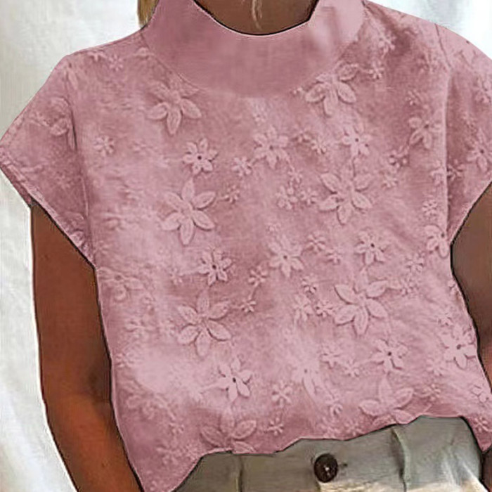 Vintage Embroidered Turtleneck Casual Half Sleeve Fashion Cotton Linen Blouses & Shirts