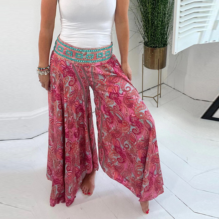 Women's Bohemian Print Retro High Waist Loose Ethnic Wide Leg Casual  Pants