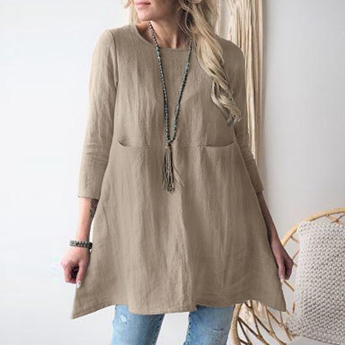 Women's Casual Tops Loose  Pocket Round Neck Fashion Loose  Blouses & Shirts