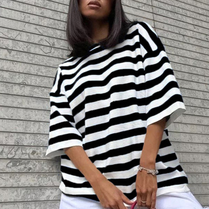 Casual Round Neck Loose Elegant Striped Print Office Ladies T-Shirts