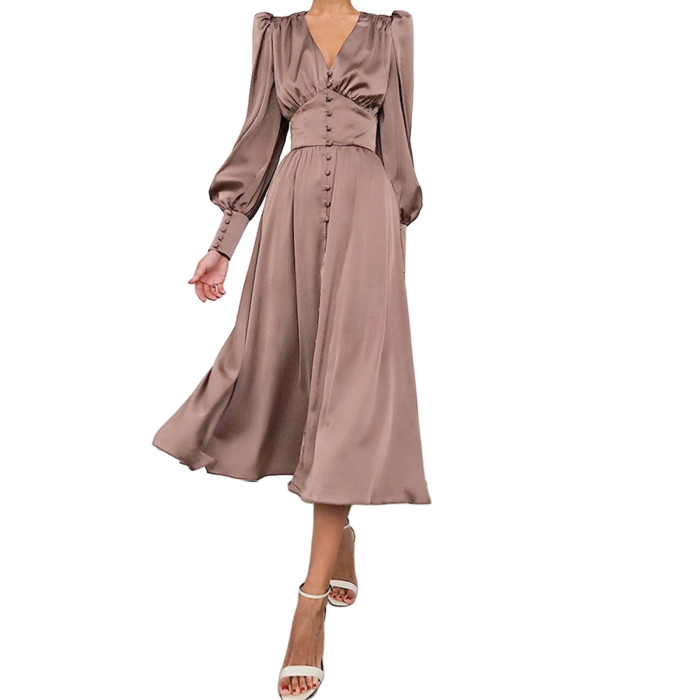 Fashionable Elegant Satin A-Line Party Long Sleeve V Neck Flare Midi Dress